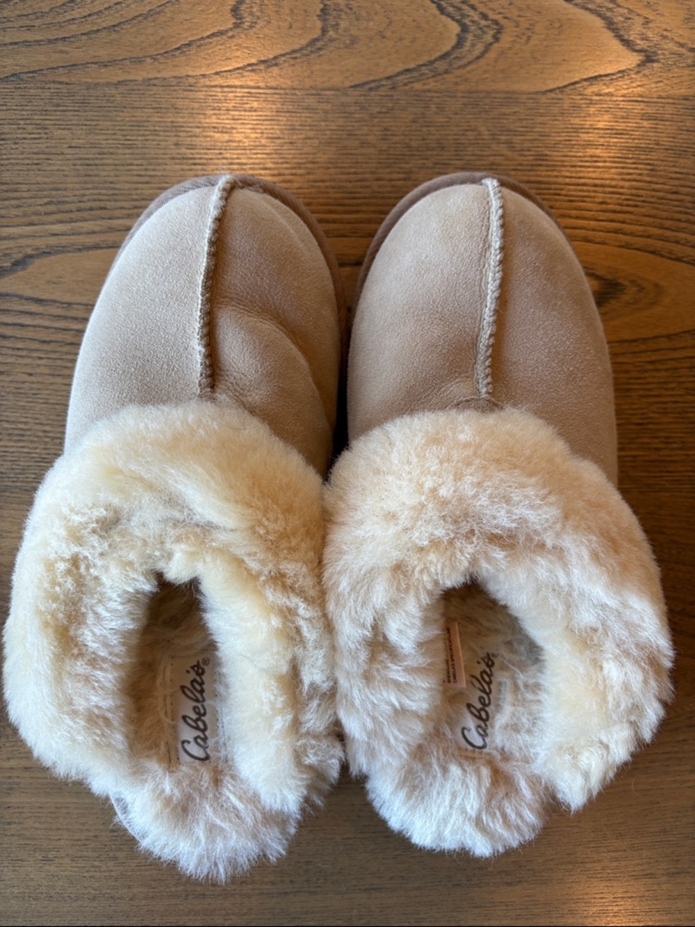 Cabela's Taupe Suede-Look Shearling Slippers with Cream Fur